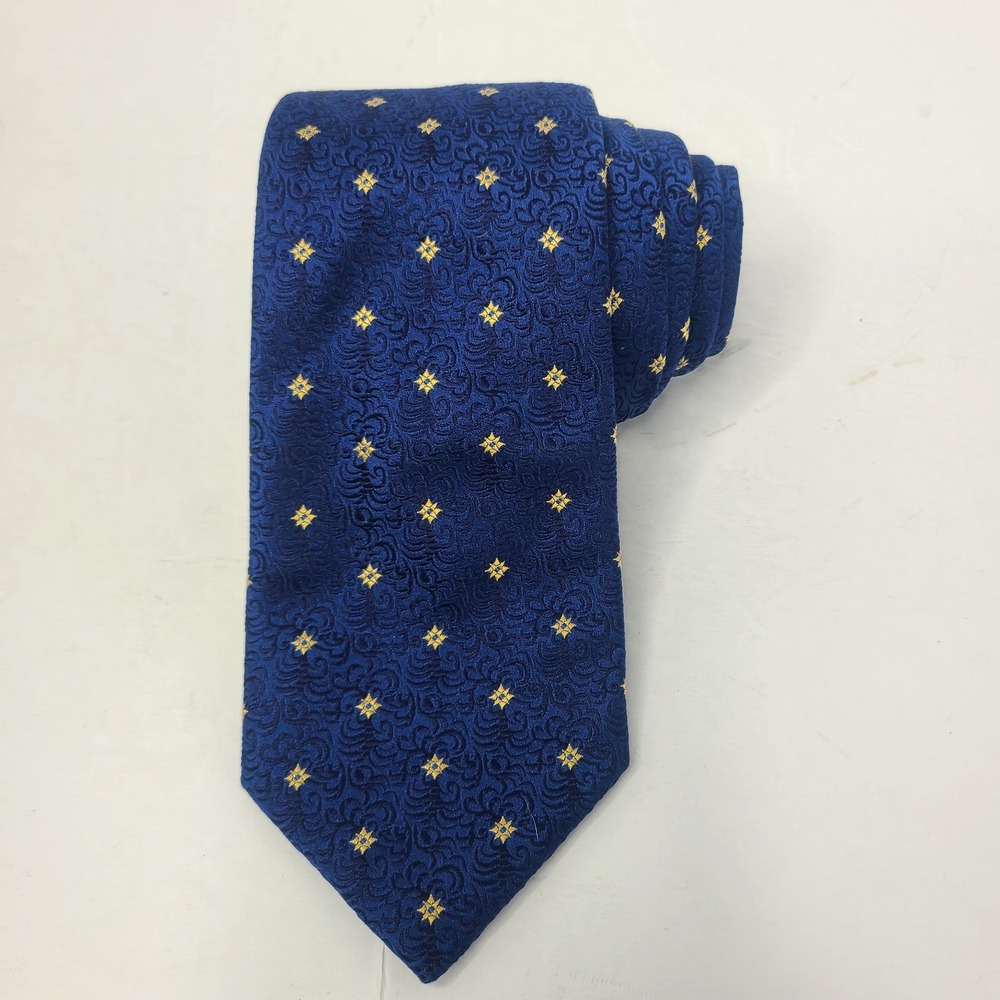 Thomas Pink London Silk Tie Blue‎ Gold Star Medallion Woven Floral Swirl Necktie